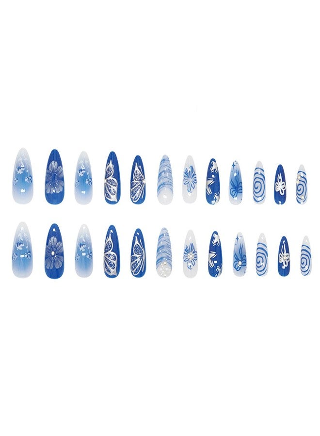 YKZFUI 24Pcs Blue Flowers Press on Nails Medium Almond Fake Nails Blue Deep Sea Butterfly, Pearl Shell Pattern Cute Floral Nail Art False Nails Almond-Shaped Stick on Nails Reusable Artificial Nail for Women - Image 5